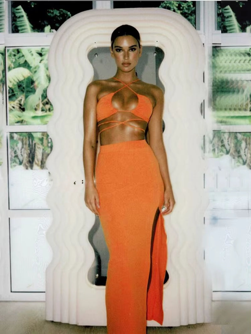 Bandage Cut Out Sexy Halter Neck Top and Skirts Set Gathered Elegant Club 2022 Summer Outfits Split Two Piece Set