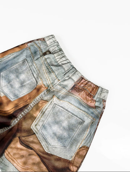 Pantalones Cargo Estilo Patchwork Ilusión Denim – Streetwear Artístico