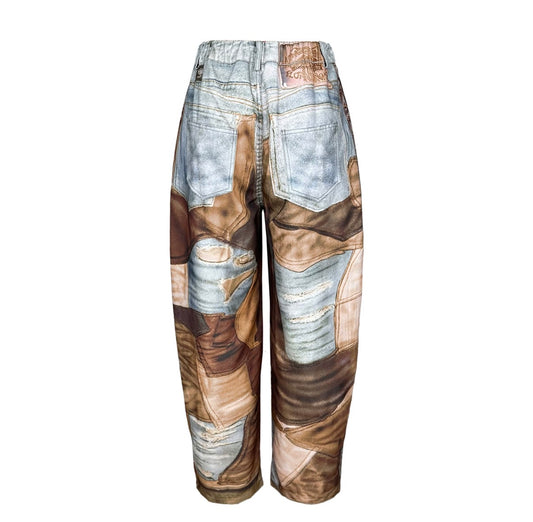 Pantalones Cargo Estilo Patchwork Ilusión Denim – Streetwear Artístico