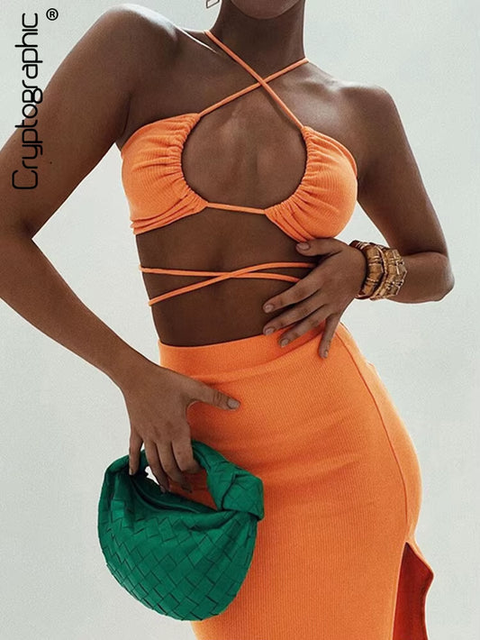 Bandage Cut Out Sexy Halter Neck Top and Skirts Set Gathered Elegant Club 2022 Summer Outfits Split Two Piece Set