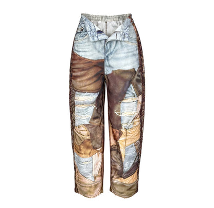 Pantalones Cargo Estilo Patchwork Ilusión Denim – Streetwear Artístico