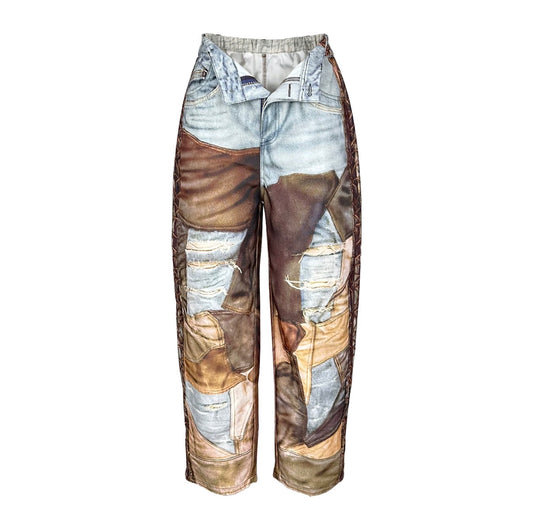 Pantalones Cargo Estilo Patchwork Ilusión Denim – Streetwear Artístico