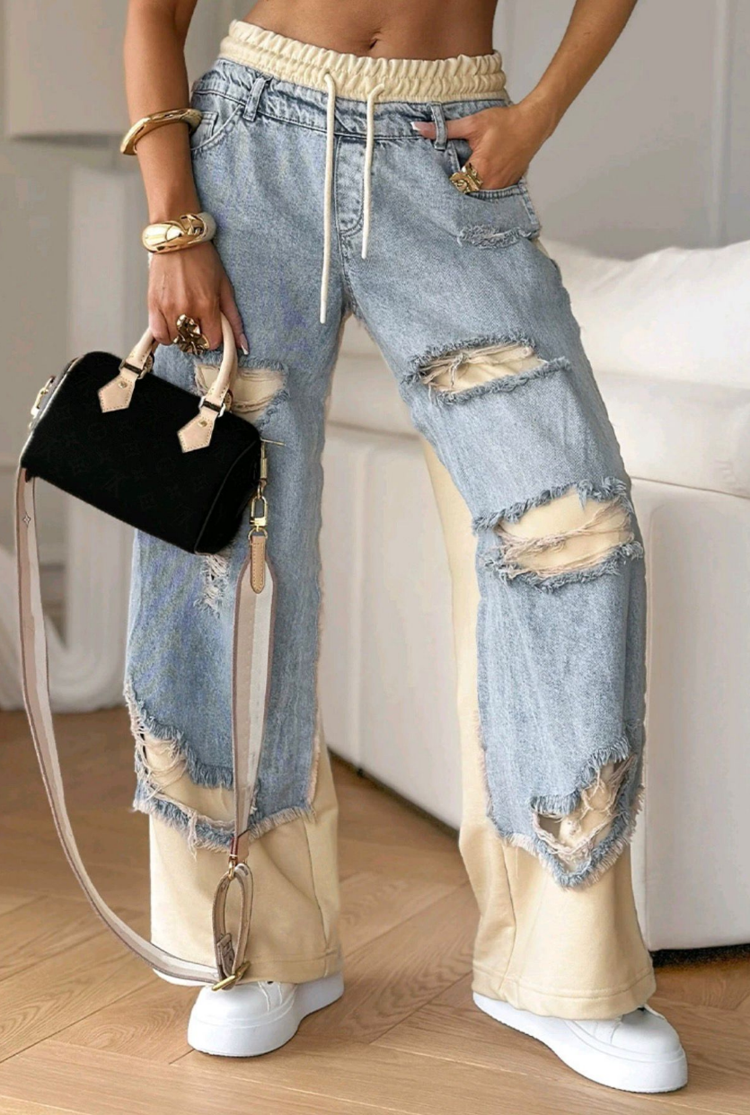 Pantalón Jogger Denim Patchwork Roto Estilo Urbano Premium