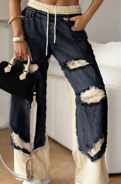 Pantalón Jogger Denim Patchwork Roto Estilo Urbano Premium