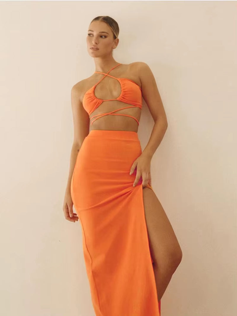 Bandage Cut Out Sexy Halter Neck Top and Skirts Set Gathered Elegant Club 2022 Summer Outfits Split Two Piece Set
