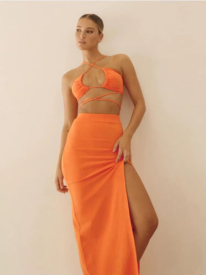 Bandage Cut Out Sexy Halter Neck Top and Skirts Set Gathered Elegant Club 2022 Summer Outfits Split Two Piece Set
