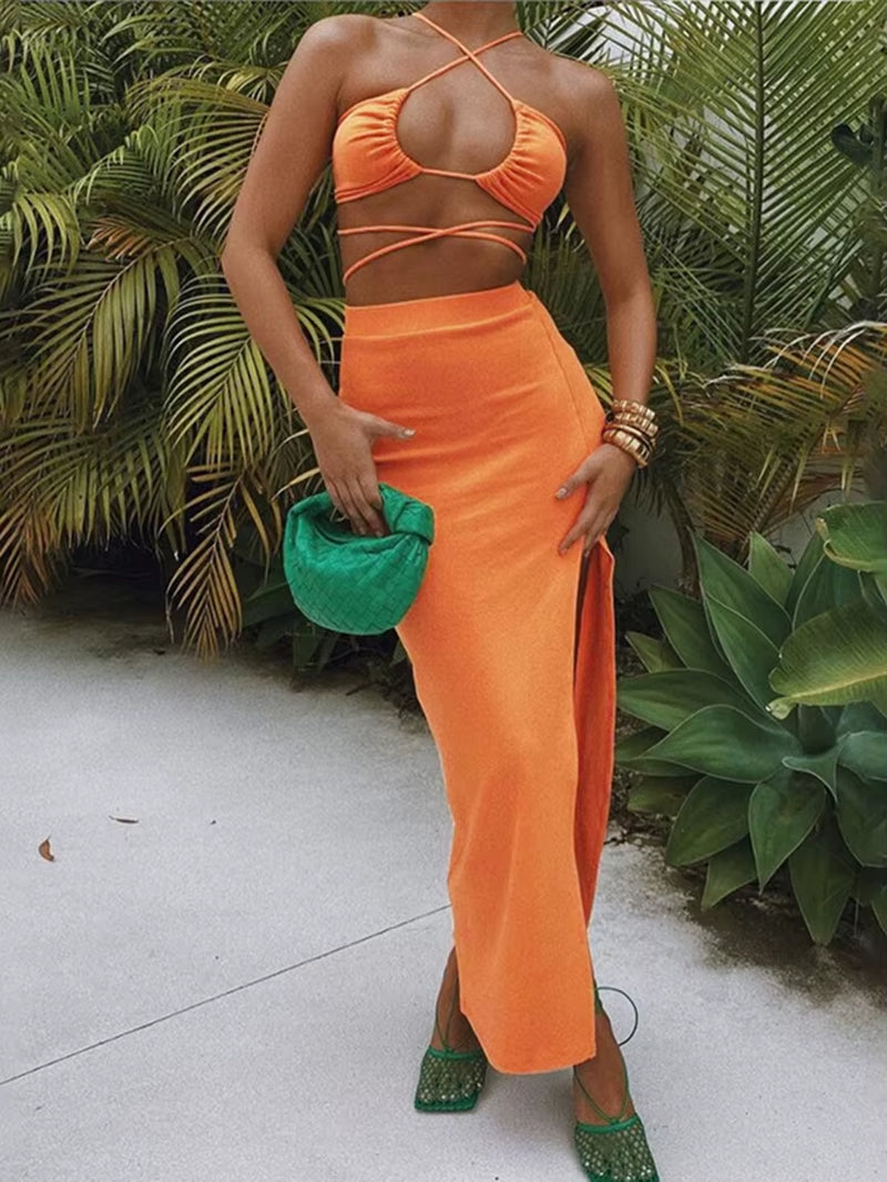 Bandage Cut Out Sexy Halter Neck Top and Skirts Set Gathered Elegant Club 2022 Summer Outfits Split Two Piece Set