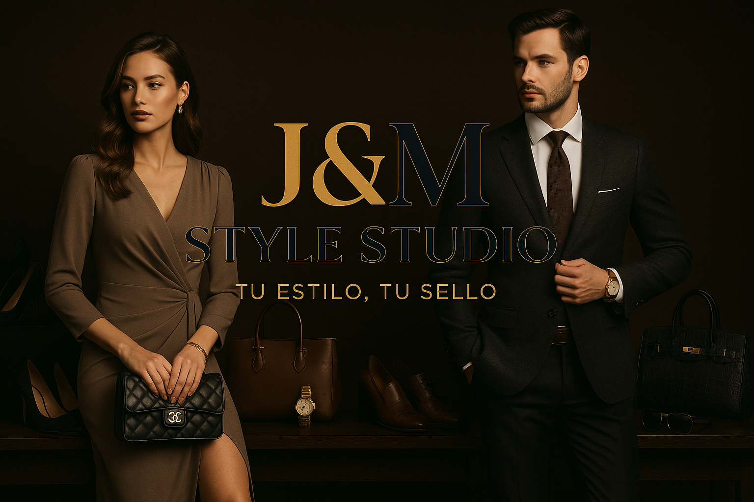 Este logo me gusta mucho , pero podrías añadirle un fondo con un hombre y una mujer con ropa, zapatos y accesorios de marcas de lujo?